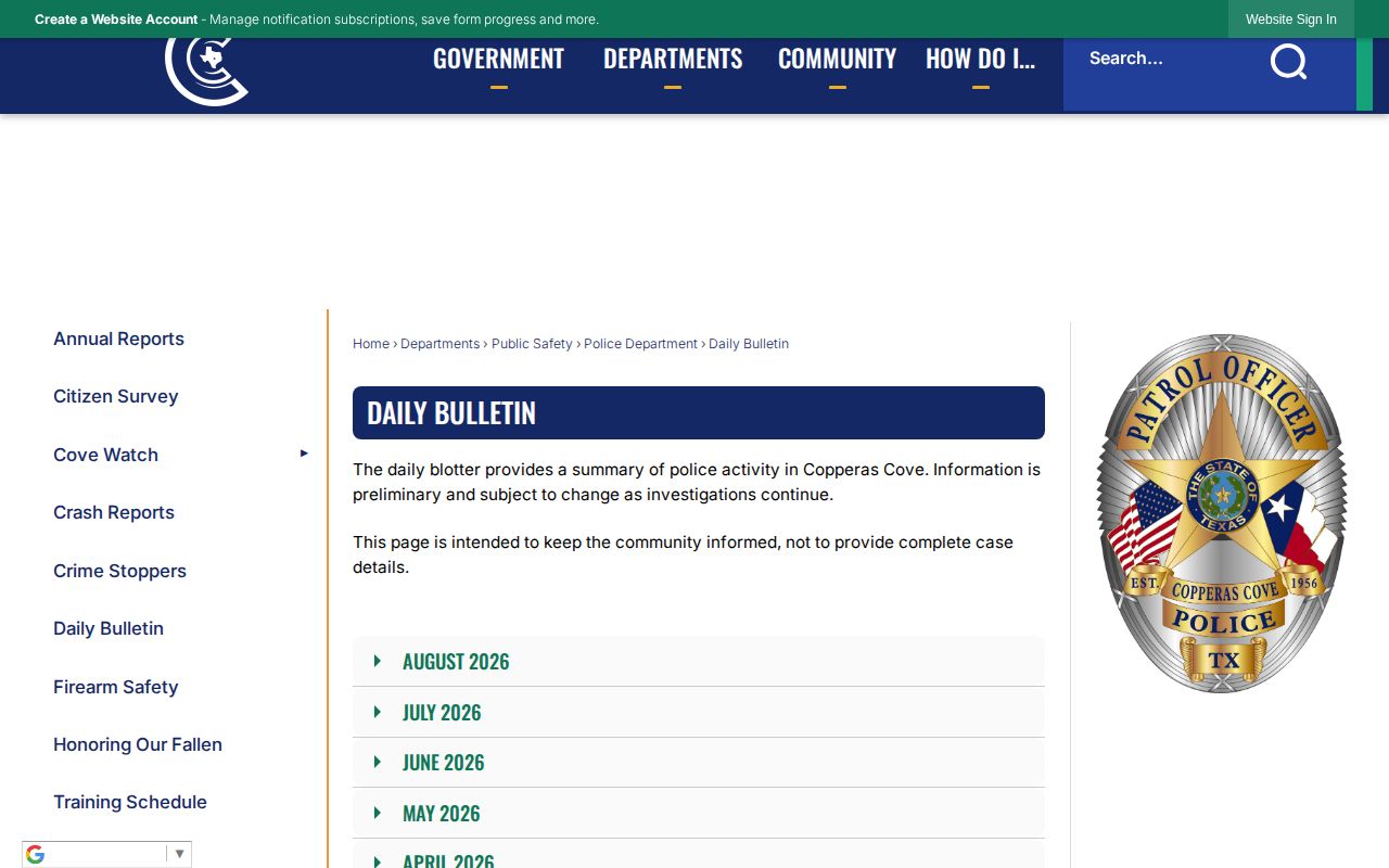Copperas Cove Daily Bulletin arrest-record archive interface